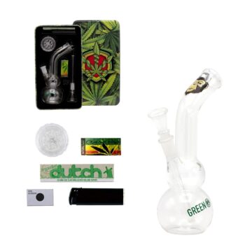 Amsterdam Greenline Double Bubble Base Glass Bong Gift Set | 8.5 Inch